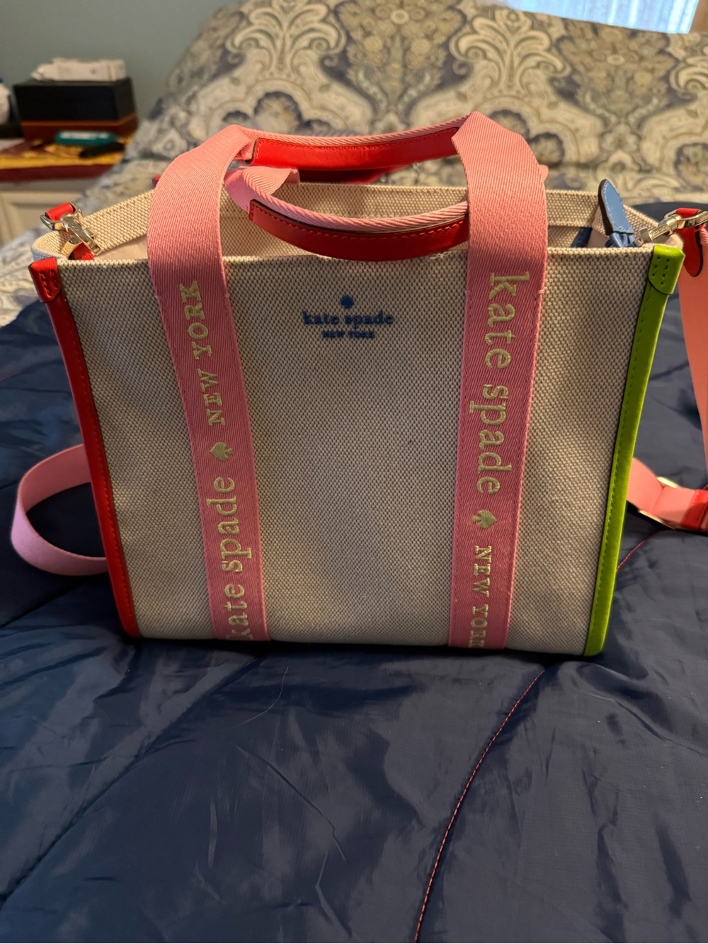 kate spade Canvas Tote with Pink Straps, Red & Lime Trim